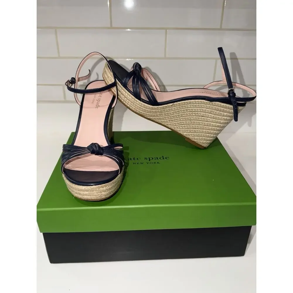 Kate Spade Tessa Navy Blue Leather Espadrille Wedge Sandals Size 11 B EUC